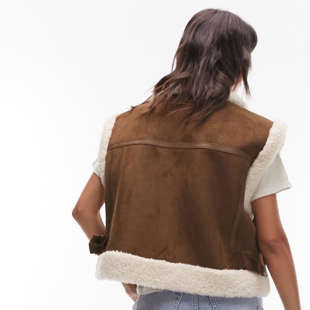 Topshop faux suede shearling oversized aviator vest in chocolate - Picture 6 of 10